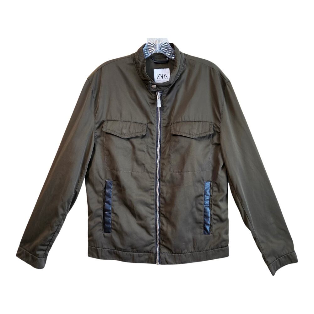 ZARA Men M Bomber Jacket Full Zip Olive Green Faux Leather Trim Chest 42"
